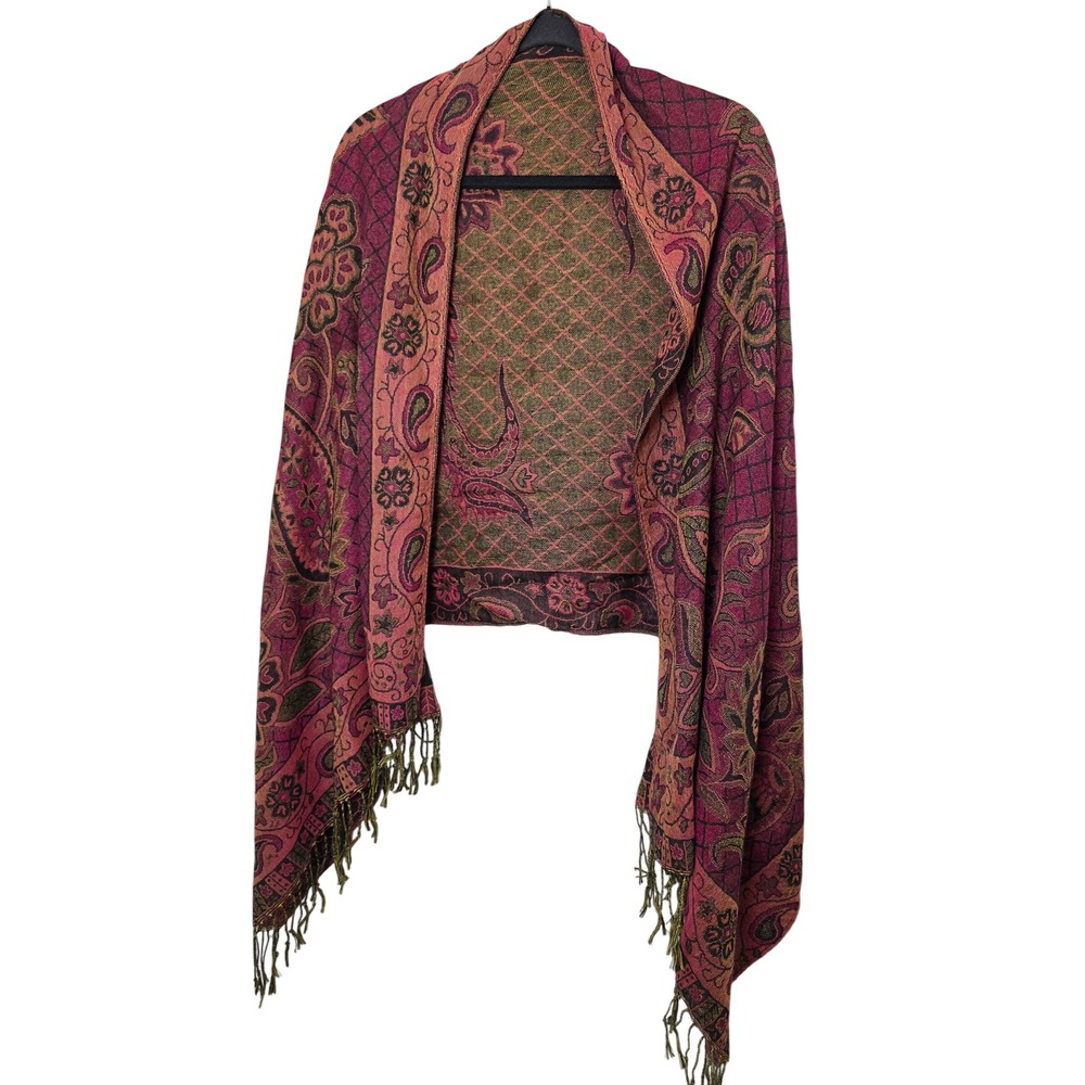 Unbranded Paisley Pashmina Scarf Women OS Pink Wool Silk Blend Shawl Wrap Fringe